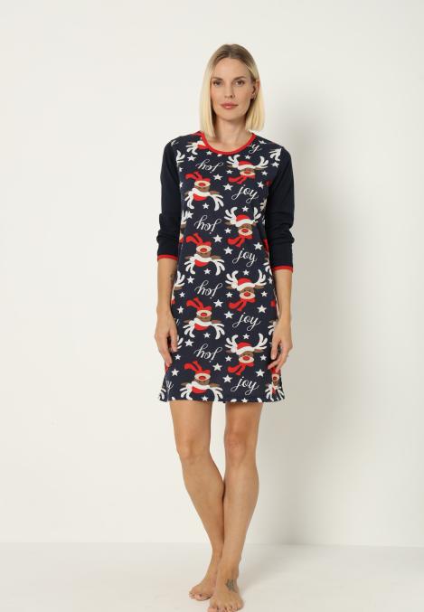 Camasa de noapte Craciun,imprimeu reni,culoare bleumarin ,En-gros